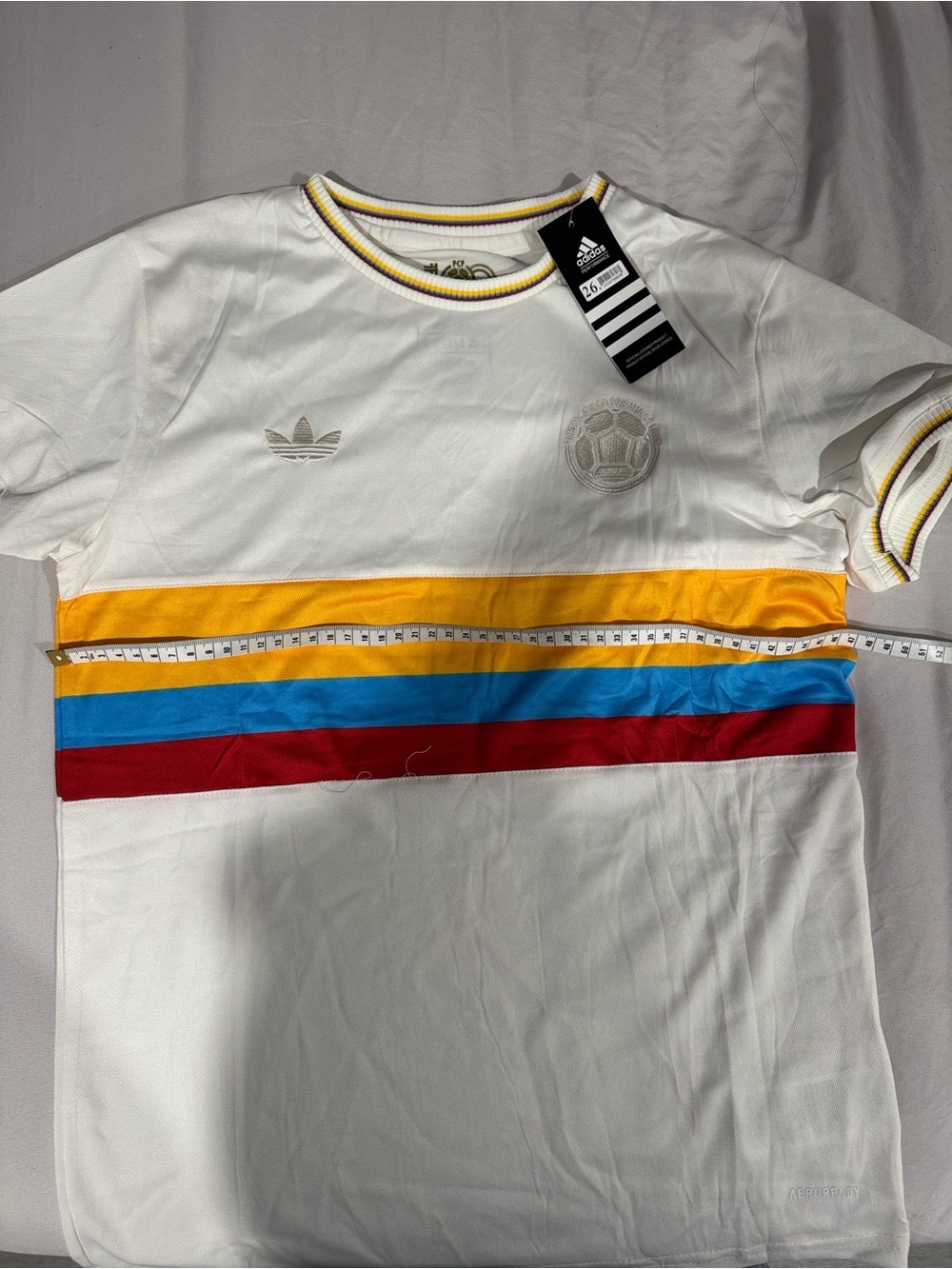 adidas White Tee with Yellow, Blue & Red Stripe Bands/ Includes shorts